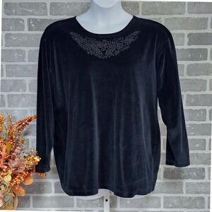 Vintage Y2K Elisabeth by Liz Claiborne Velour Top 1X‎ Black Floral Embroidered